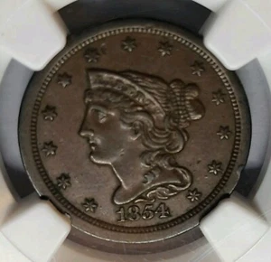 CHOICE 1854 BRAIDED HAIR HALF CENT 1/2C C-1 NGC AU-58 BN HIGH GRADE BEAUTY !!! - Picture 1 of 4