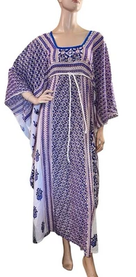 Vtg 1960-70s Gauze Cotton Block Print Indian Boho Hippy Dress Caftan Maxi Resort - Image 1 of 4