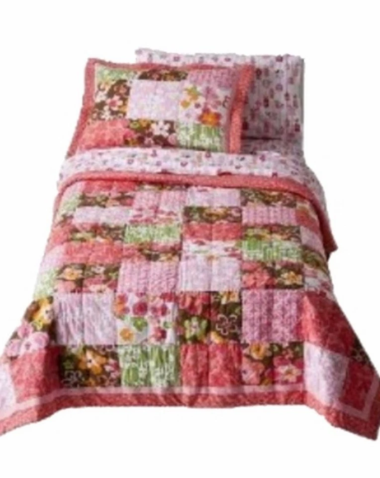Girls Twin Quilt & Sham Set Coral Brown Patchwork Blossom Flowers - Image 1 of 1