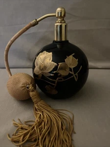 ❤️VTG PARFÜMFLAKON ZERSTÄUBER SCHWARZ MIT GOLD BEMALTEN BLUMEN 5,5” HOCH - Bild 1 von 6