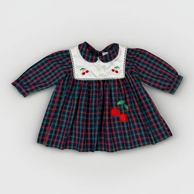Vintage Girls 3T Plaid Dress Cherry Applique Embroidered Bib Lace Trim 80’s Baby - Image 1 of 4
