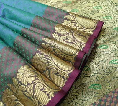 Blusa India Verde Azul Doble Tono Sari Arte Seda Banarasi Sari Dorada Zari Tejida Foto 1 de 4