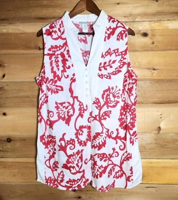 Túnica feminina floral sem mangas de linho Tweeds 18W branca rosa lado dividido gola V  - Imagem 1 de 4