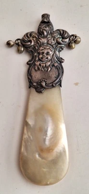 Antique Fancy Baby Rattle w/t Nanny Whistle & Mother of Pearl  Teething Ring - Image 1 of 4