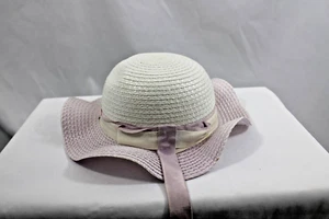 Vintage Girls Hat White With Light Lilac Scalloped Brim Ribbons Straw Hat Style - Picture 1 of 8