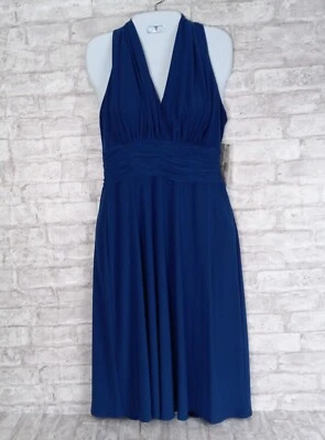 Vestido Evan Picono Cuello Halter 8P Azul Cobalto Acanalado Cóctel Elegante Imperio NUEVO Foto 1 de 4