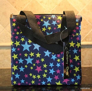 Lunch Tote Insulated Stars Yellow Blue Pocket Front Designer Sturdy Travel Bag - Picture 1 of 6