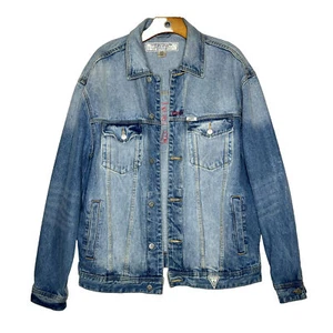 Guess Jeans Vintage Style Denim Y2K Letterman Logo Button Up Jacket Size Mens M - Picture 1 of 8