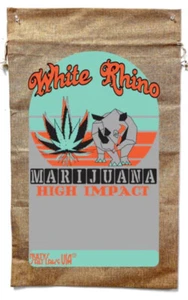 BURLAP BAG Coffee Sack Wall Hanging Man Cave Novelty WHITE RHINO MARIJUANA New - Picture 1 of 3