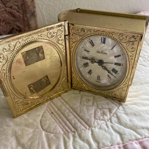 Vtg Seth Thomas Mini Photo Travel Clock Mother of Pearl Brass Book Germany Cover