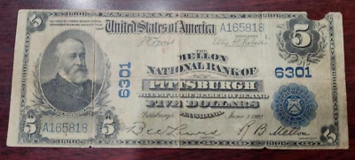Series 1902 $5 Nat'l Currency Note - Mellon Bank Pitts 6301 - Folds & Tears - Image 1 of 4