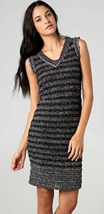 RACHEL ROY NWT $498 SIZE XS NAVY BLACK GOLD KNIT BOUCLE LUREX STRIPED WOOL DRESS - Picture 1 of 9