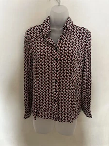 Meredith Banzhoff Long Sleeve Button Down Red Black Geometric Collared Blouse - Picture 1 of 11