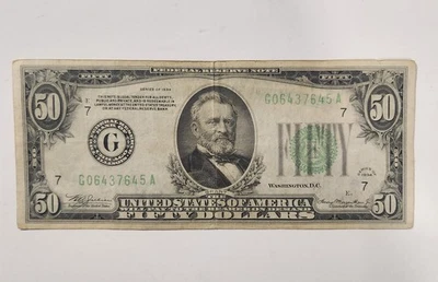 1934 $50 Fifty Dollar Federal Reserve Note Chicago Green Seal 7 G 06437645 A - Image 1 of 2
