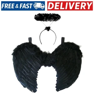 Wicked Fun Black Feather Wings with Halo | Adult Ladies Costume, Black - Picture 1 of 5