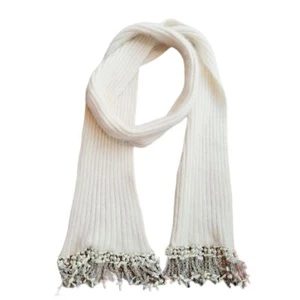 RARE Vintage Cream Cashmere Ribbed Scarf with Beaded Fringe Pearls Crystals Cold - Picture 1 of 5
