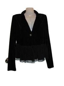 Vintage Black Velvet Jacket, Polka Dot Lace Ruffle & Rose Button Large Olsenboye - Picture 1 of 13