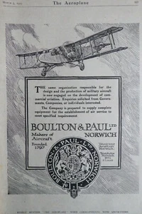 2/1919 PUB BOULTON PAUL FLUGZEUG NORWICH DOPPELDECKER ORIGINAL ANZEIGE - Bild 1 von 1