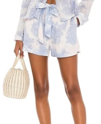 BELLA DAHL Belted Button Fly Shorts Sz XS White Blue Pink Hand TieDye 100% Linen - Image 1 of 4