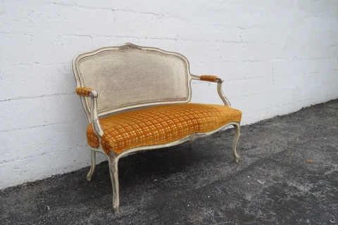 French Shabby Chic Carved Painted Caned Settee Loveseat 4973 Cover