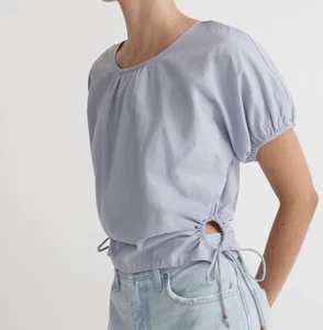 Madewell Poplin Puff Sleeve Crop Top S Blue Side Cut-Out 100% Cotton - Picture 1 of 6