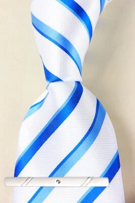 Nueva corbata clásica a rayas blanca azul tejida jacquard 100 % seda para hombre Foto 1 de 4