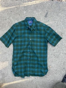 VTG Pendleton  Wool Shirt Mens Blue Green Plaid Flannel Short Sleeve Collared S - Picture 1 of 8