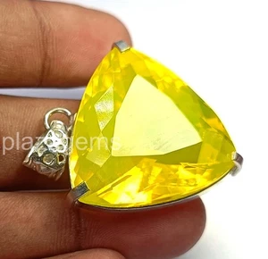 Natural 107.45Ct Yellow Opal Pendant Trillion Cut 925 Sterling Silver Chain 5ARQ - Picture 1 of 7