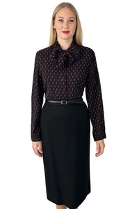 Ernst Strauss Women's Suit Size 12 Skirt Blouse Belt 3 Pc Black Red Wool Bow Tie - Picture 1 of 12