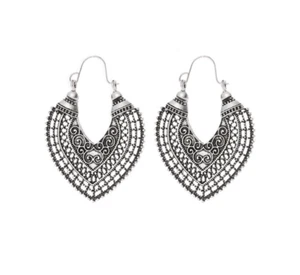 Hoop Heart Silver Boho Vintage Tibetan Flower Ornate Hoop Dangle Earrings - Picture 1 of 28