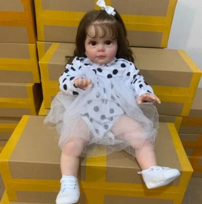 60cm Polka Dot Dress Cloth Body Reborn Baby Doll Brown Long Hair Girl  Gifts - Image 1 of 4
