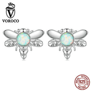 Voroco European S925 Sterling Silver green opal Bee Stud Earrings Jewelry Women