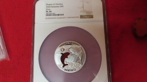 2020 Barbados Shapes America Cut-Out HR 1 oz PR .999 Silver Orca Whale NGC PL70 Cover