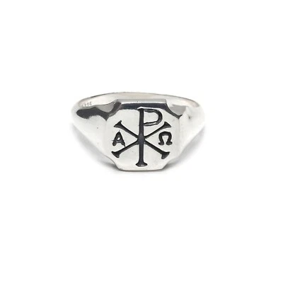 Genuine Sterling Silver Men Ring Chi Rho Alpha Omega Solid Stamped 925 Handmade - Image 1 of 4