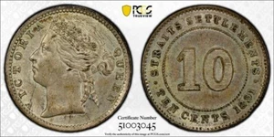1891 Straits Settlements 10 Cents PCGS MS61 Lot#G9692 Silver! Nice UNC! - Picture 1 of 4