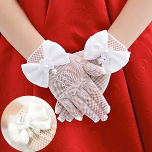 Flowers Kids Girls White Lace Mesh Gloves Faux Pearl Wedding Supplies 4-15 Years