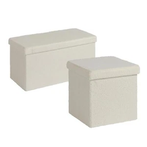 Folding Ottoman Cream Boucle Teddy Bear Fabric Chest Solid Storage Box Furniture - Picture 1 of 9
