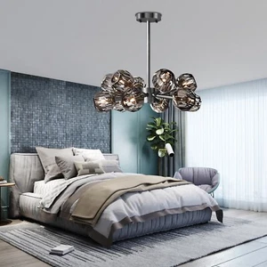 24 "Round Crystal Branches Chandelier Smoke Grey Sputnik Lighting Fixtures - Picture 1 of 10