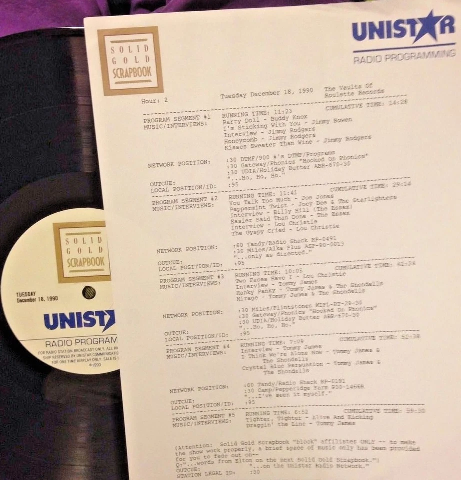 RADIO SHOW: 12/18/90 ROULETTE! JIMMY RODGERS, JOEY DEE, LOU CHRISTIE,TOMMY JAMES - Image 1 of 1