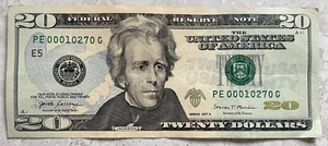 2017A $20 Twenty Dollar Note Fancy Serial Number Low #00010270 - Picture 1 of 2