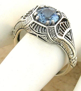 DECO ANTIQUE STYLE 925 STERLING SILVER SIMULATED AQUAMARINE FILIGREE RING   #913 - Picture 1 of 4