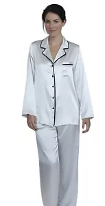  Womens Silk Satin Pajamas - PJ Set - White Black Pipping   '' 5 Day Delivery '' - Picture 1 of 1