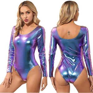 Women's One Piece Shiny Metallic Bodysuit Long Sleeve Leotard Jumpsuit Dancewear - Picture 1 of 23