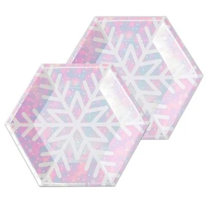 Christmas Snowflake Plates Disposable Glitter Iridescent Pink Paper Plates Hexag - Picture 1 of 8