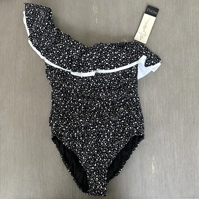 Profile by Gottex Bash One Shoulder Ruffle One Piece Swimsuit Black White NWT - Image 1 of 4