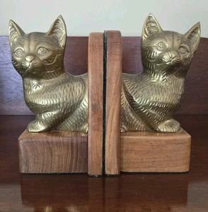 Vintage Brass and Wood Cat Bookends-Made In India-7” x 4”-Felt Sides & Bottom - Picture 1 of 7