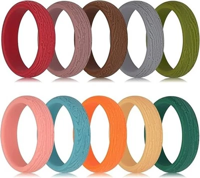 Paquete de 10 alianzas de boda color textura árbol, anillo de silicona deportivo cómodo flexible Foto 1 de 4