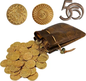 50 D&D Fantasy Metal Gold Coins & Leather Pouch for Dungeons & Dragons Novelt... - Picture 1 of 12