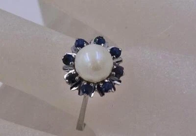 Ring mit Perle Pearl und Saphire Safir in 750 18kt Weiß * Gold Gr.54 - Bild 1 von 4