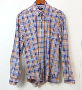 Lincs Mens Medium 100% Cotton Blue Orange Plaid Check Long Sleeve Button Down - Picture 1 of 5